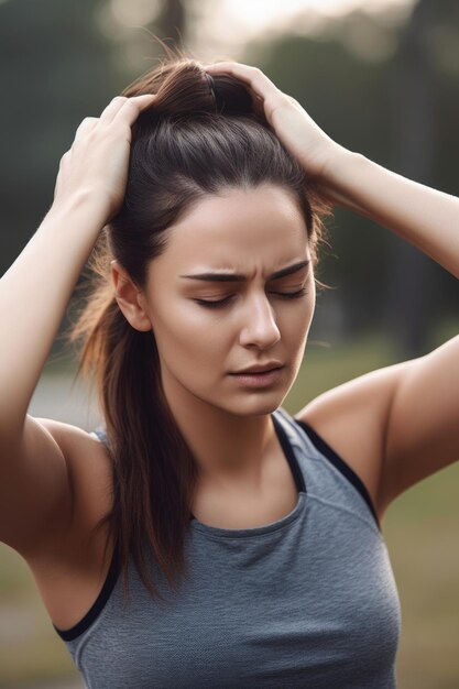 Обрезанный снимок женщины, держащей голову от боли во время тренировки на открытом воздухе