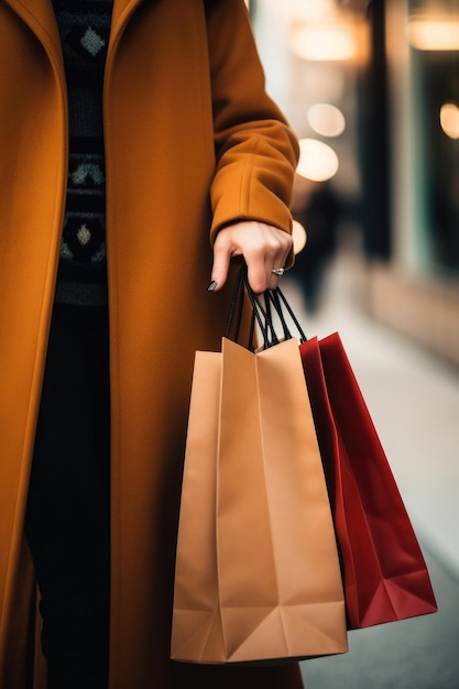 Cropped shot of a woman holding her shopping bags created with generative ai