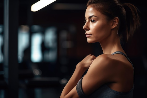 Cropped shot of a woman looking at her bicep after working out in a gym created with generative ai