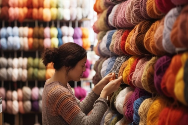 Cropped shot of a woman shopping for yarn in her craft store created with generative ai