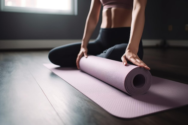 Cropped shot of a woman using an exercise mat during her yoga routine created with generative ai