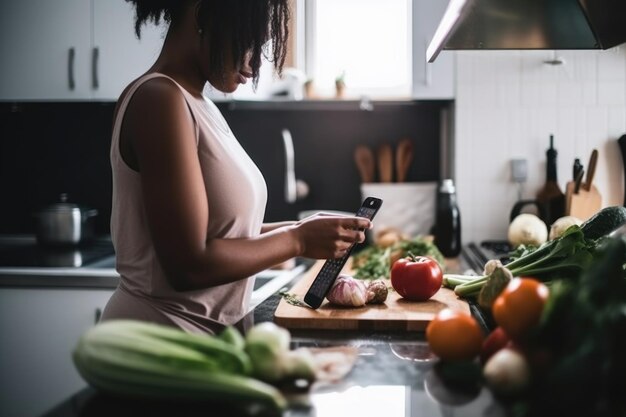 Cropped shot of a woman using her cellphone to make a call while cooking created with generative ai