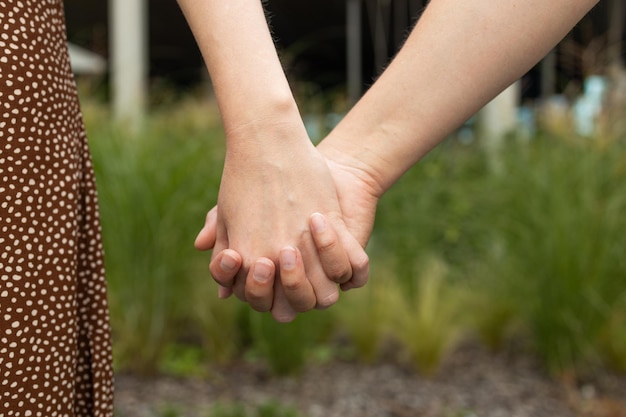 Cropped shot of young asian women lgbt lesbian couple holding hands with lgbt pride high quality pho