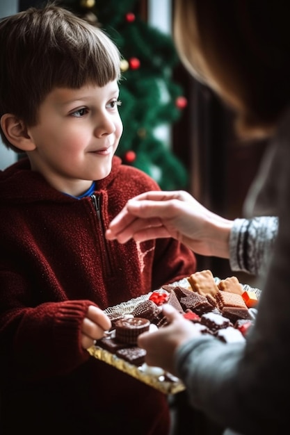 Обрезка молодого мальчика, получающего сладости от женщины на Рождество