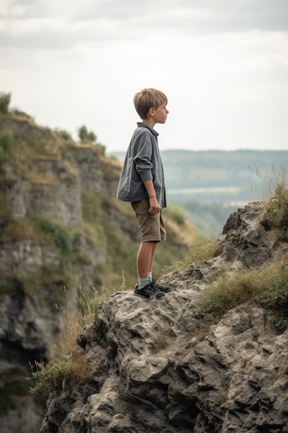 Cropped shot of a young boy standing on the edge of a cliff created with generative ai