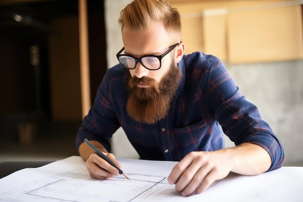 Cropped shot of a young carpenter working on his blueprint created with generative ai