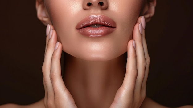 Cropped shot of young caucasian woman touching under the chin with hands massaging her face on dark brown background Rejuvenation facelift facefitness Exercises from the second chin pelican neck