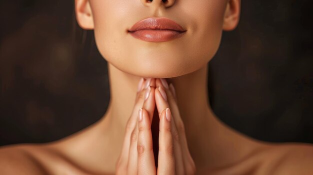 Cropped shot of young caucasian woman touching under the chin with hands massaging her face on dark brown background rejuvenation facelift facefitness exercises from the second chin pelican neck