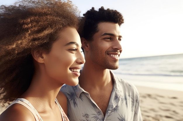 Cropped shot of a young couple hanging out at the beach created with generative ai