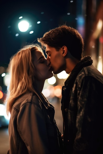 Обрезанный снимок молодой пары, целующейся ночью в городе, созданный с помощью генеративного ИИ