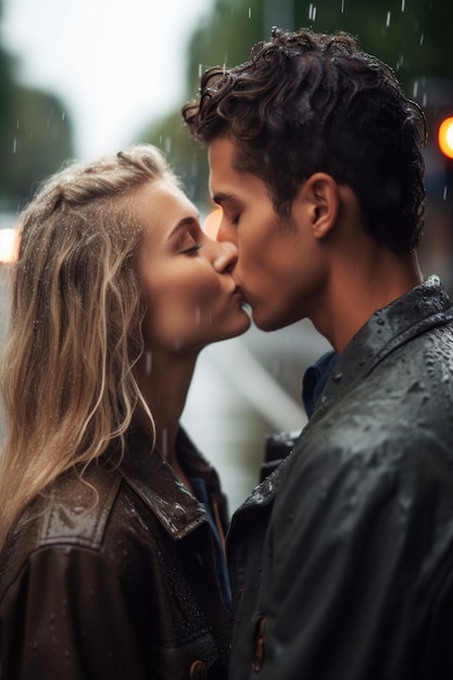 Cropped shot of a young couple kissing in the rain