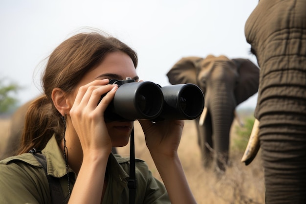 Cropped shot of a young female conservationist using binoculars to observe elephants from afar