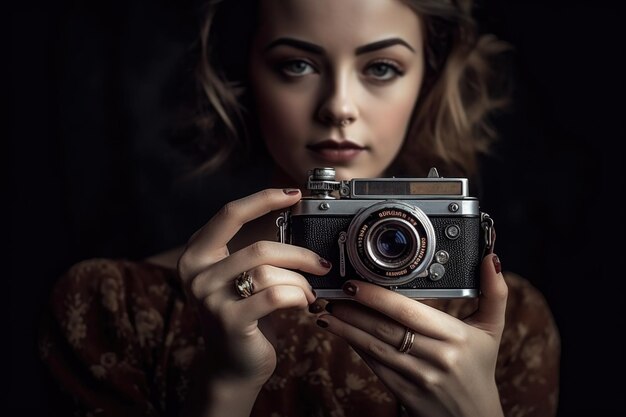 Cropped shot of a young girl and her vintage camera created with generative ai