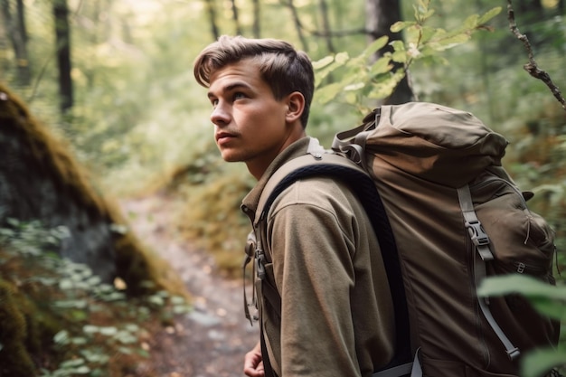 Обрезанный снимок молодого человека, идущего в поход на природу, созданный с помощью генеративного ИИ