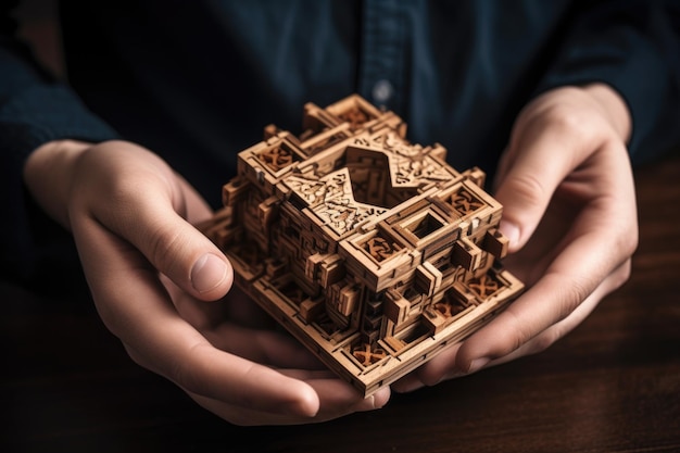 Cropped shot of a young man holding an intricate wooden puzzle created with generative ai