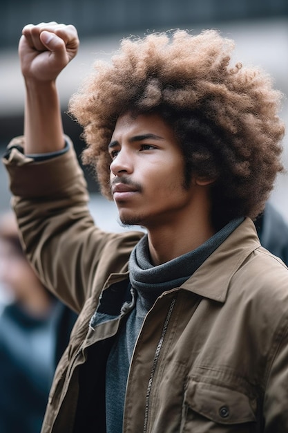 Cropped shot of a young man holding up his fist for a black power protest created with generative ai