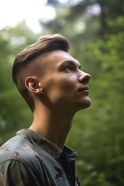 Cropped shot of a young man looking into the distance while out in nature created with generative ai