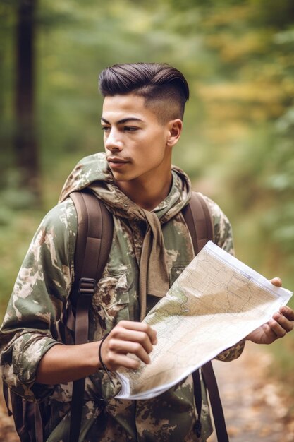 Foto ritratto di un giovane che guarda una mappa mentre è fuori sul sentiero creato con l'ai generativa