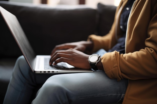 Обрезанный снимок молодого человека, сидящего и использующего свой ноутбук, созданный с помощью генеративного ИИ