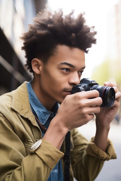 ゲネレーティブAIで作成された外でカメラで写真を撮っている若者のクロップショット