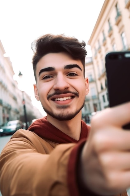 Foto scatto ritagliato di un giovane che scatta un selfie creato con l'ia generativa