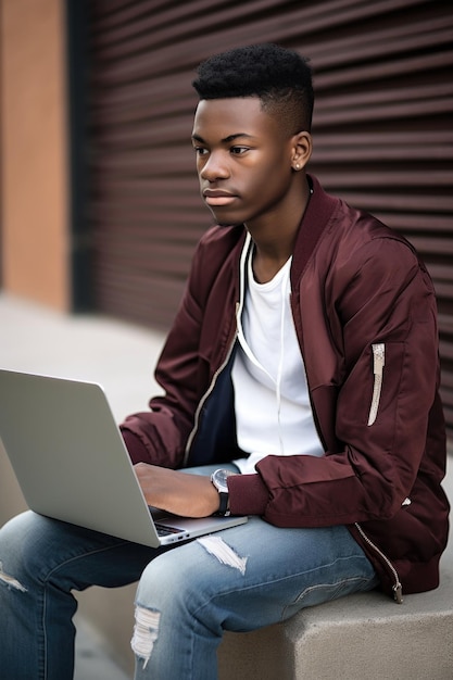Обрезанный снимок молодого человека, использующего свой ноутбук, созданный с помощью генеративного ИИ