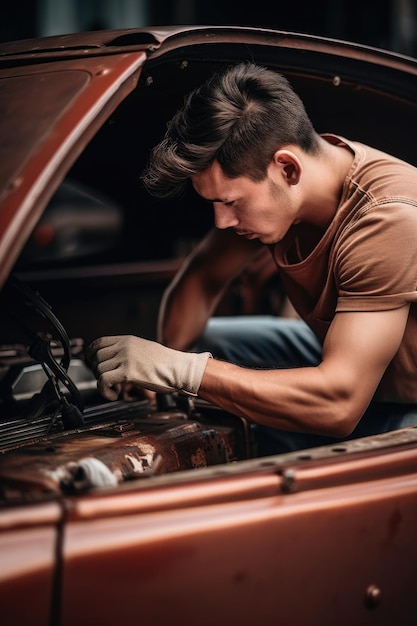 Cropped shot of a young man working on restoring his classic car created with generative ai