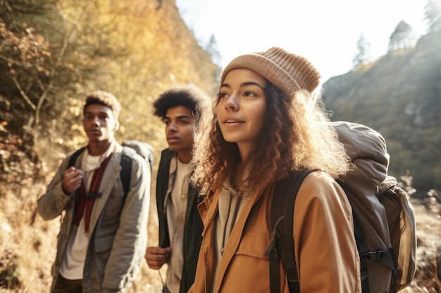 Cropped shot of young people hiking together created with generative ai