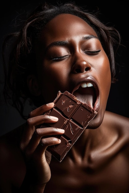 Cropped shot of a young woman about to bite into a chocolate created with generative ai