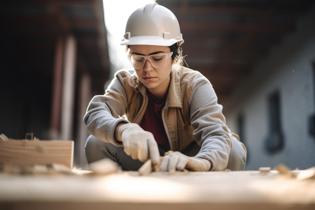 ジェネレーティブAIで作られた工場で木材で作業する若い女性建築家のクロップショット