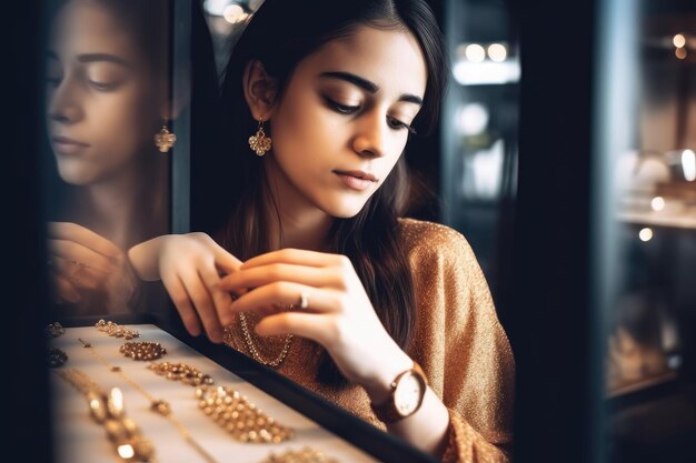 Cropped shot of a young woman choosing jewellery in a store created with generative ai