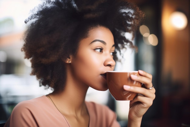 カフェでコーヒーを飲む若い女性のショットをトリミング