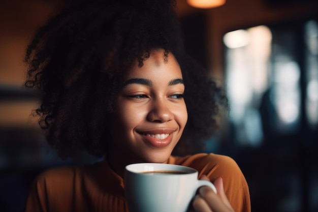 ジェネレーティブAIで作られたコーヒーを楽しんでいる若い女性のクロップショット