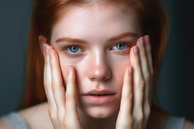 Cropped shot of a young woman holding her face in her hands created with generative ai