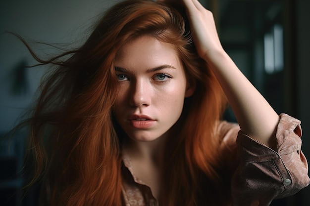 Обрезанный снимок молодой женщины, держащей волосы перед лицом, созданный с помощью генеративного ИИ