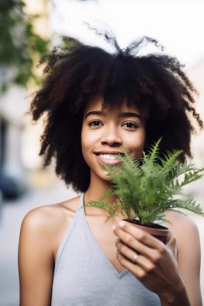 生成 AI で作成された、外に立って植物を持ち上げている若い女性のクロップショット