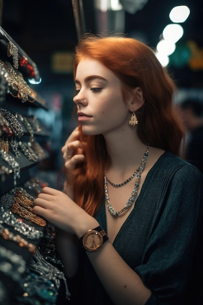 Cropped shot of a young woman looking at some jewelry in the market created with generative ai