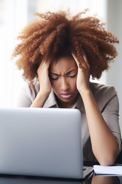 노트북에서 일하는 동안 스트레스를 받는 젊은 여성의 절단된 사진
