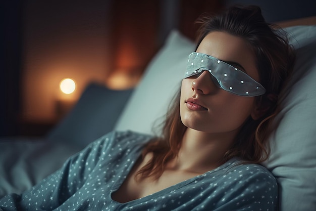 Photo cropped shot of a young woman lying in bed and wearing a sleep mask during a day at home