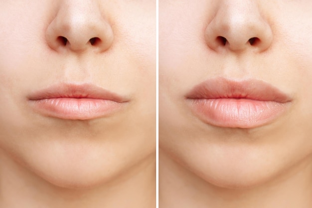 Cropped shot of young woman\'s lower part of face with lips\
before and after lip enhancement