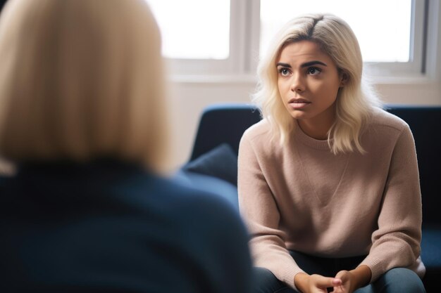 Cropped shot of a young woman seeking help from a mental health counselor created with generative ai