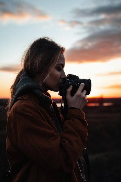 Foto immagine ritagliata di una giovane donna che scatta foto con la sua fotocamera al tramonto creata con l'ai generativa