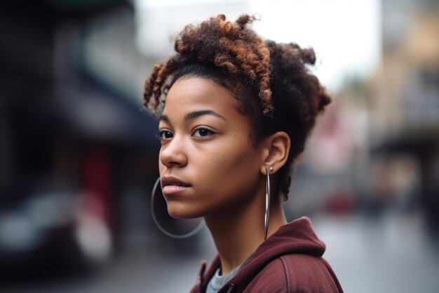 Cropped shot of a young woman in an urban setting created with generative ai