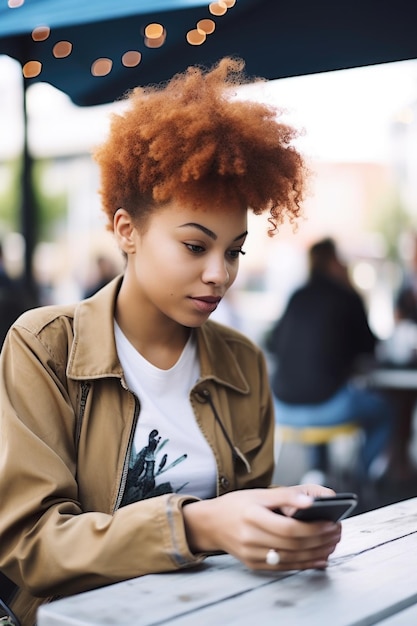 Cropped shot of a young woman using her cellphone at an outdoor cafe created with generative ai