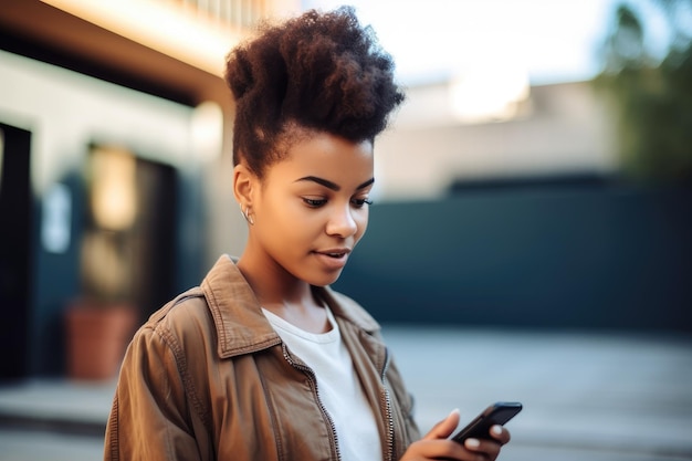 Cropped shot of a young woman using her mobile phone outside created with generative ai