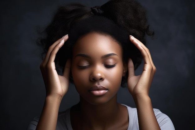 Cropped shot of a young woman with her hands on her head created with generative ai