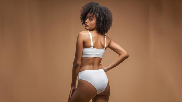 Photo cropped studi image of slim fit female body in white cotton underwear posing isolated over beige ba