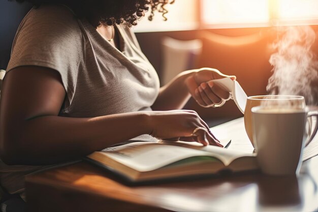 Cropped unrecognizable pregnant African American female sitting at table reading book