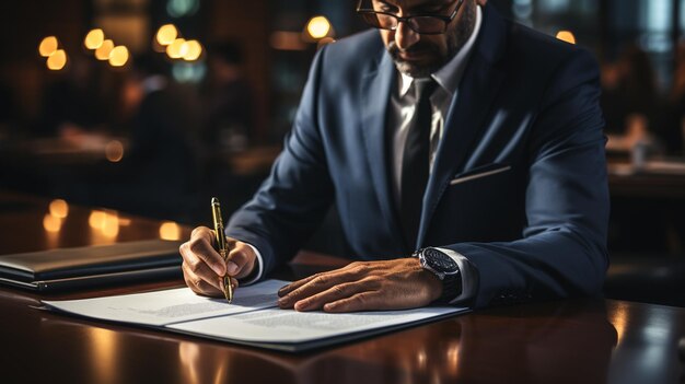 cropped view of african american businessman signing document in cafe