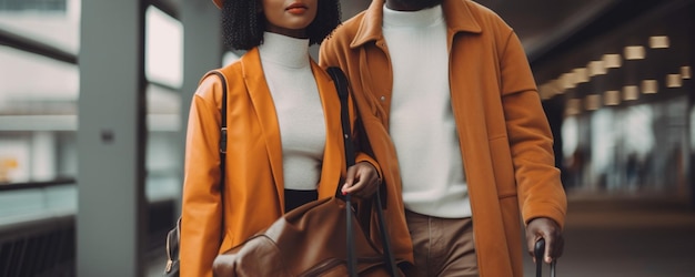 Cropped view of african american woman and man in orange coats walking with luggage on bridgegenerative ai